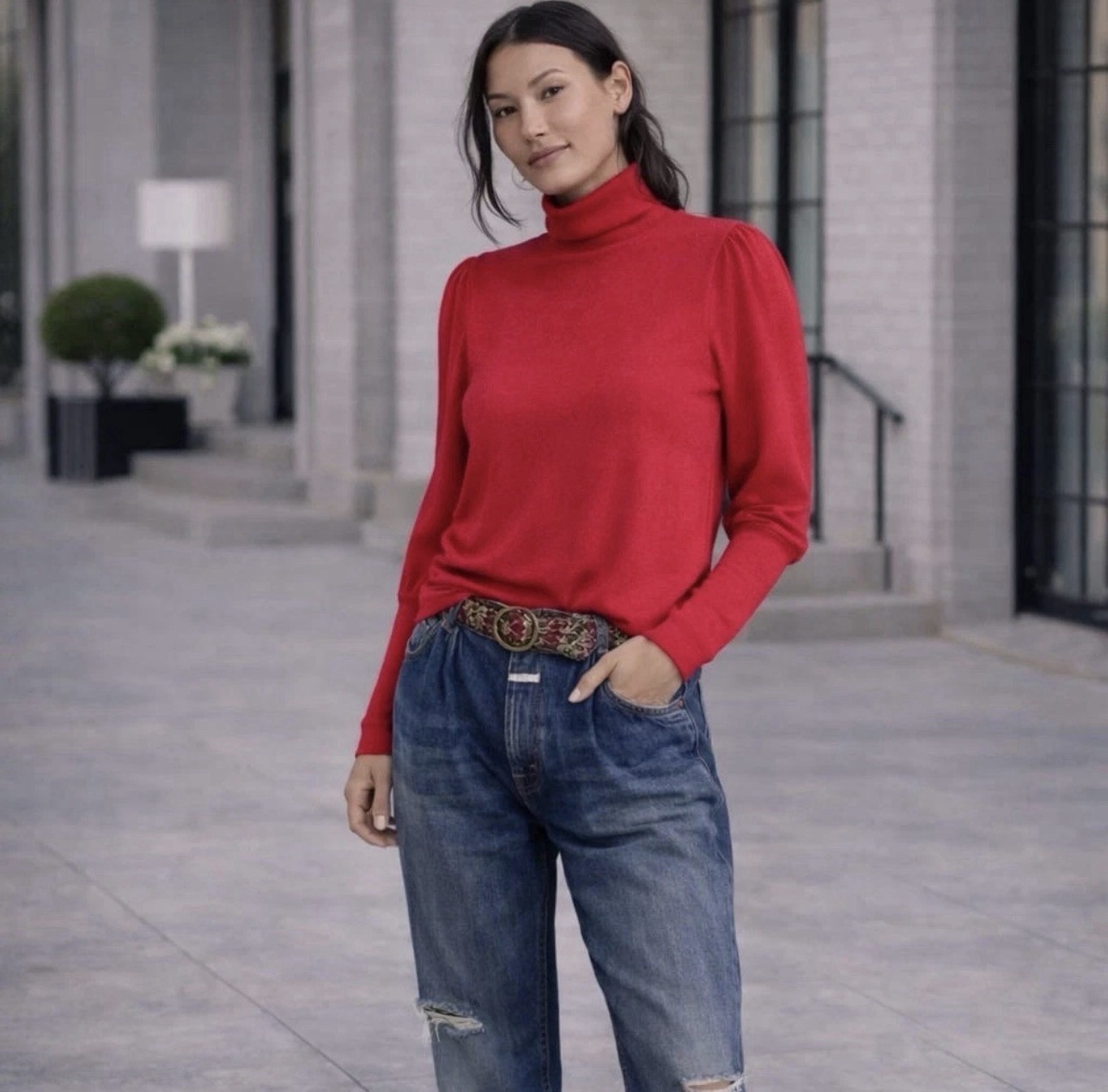 Anthropologie Turtleneck L Pink Puff Sleeve Stretchy Top Thin Sweater NWT