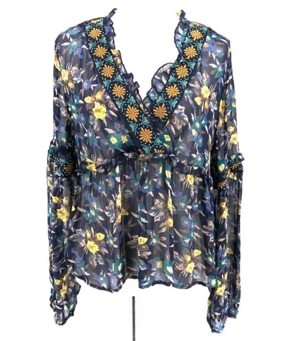 Meadow Rue Anthropologie Strasser Embroidered Blouse Beaded Top S Blue Yellow