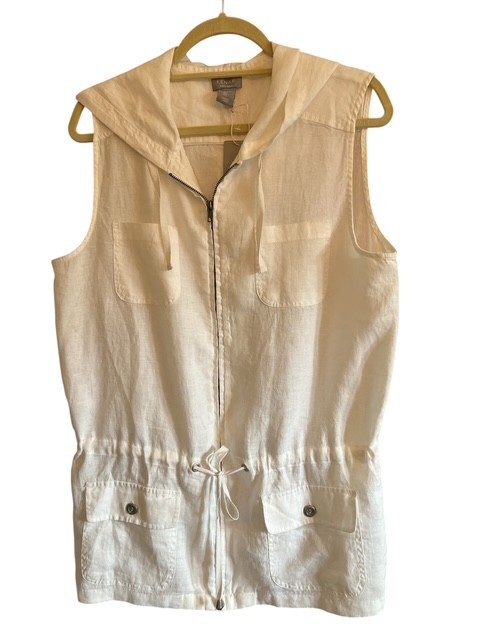 VTG Kenar NWT 100% Linen Tunic Vest Large Hooded Zip Drawstring Utility Boho
