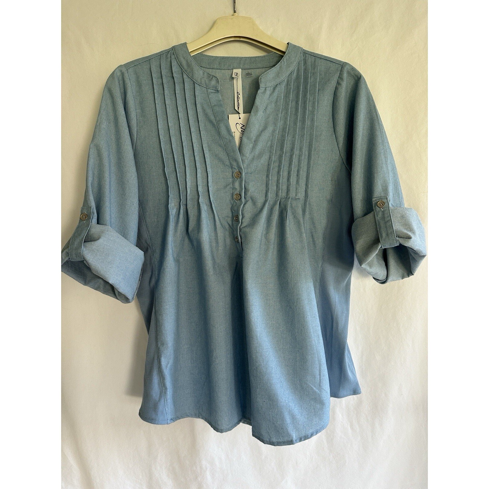 NY Collection New Women’s Size L Pleated Pullover Top Roll-Tab-Sleeve Light Blue