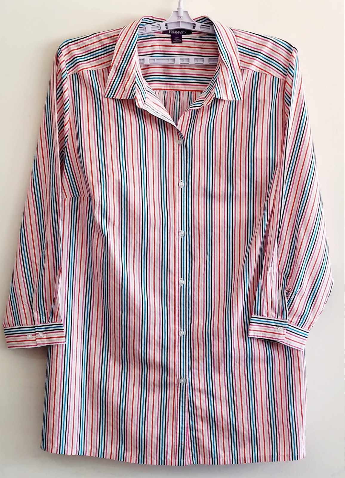 ROAMANS Womens 30W White Button Down Woven Tunic Shirt W Colorful Thin Stripes