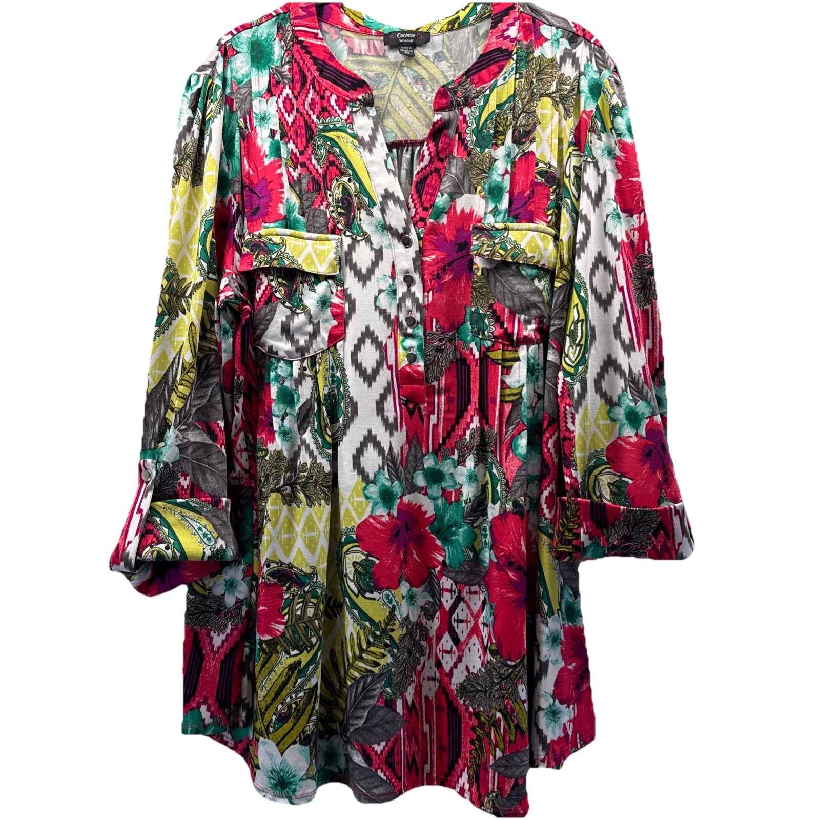 Cocomo Women’s Top Size 2X Plus Red Yellow Mixed Floral Roll Tab Slinky Pullover