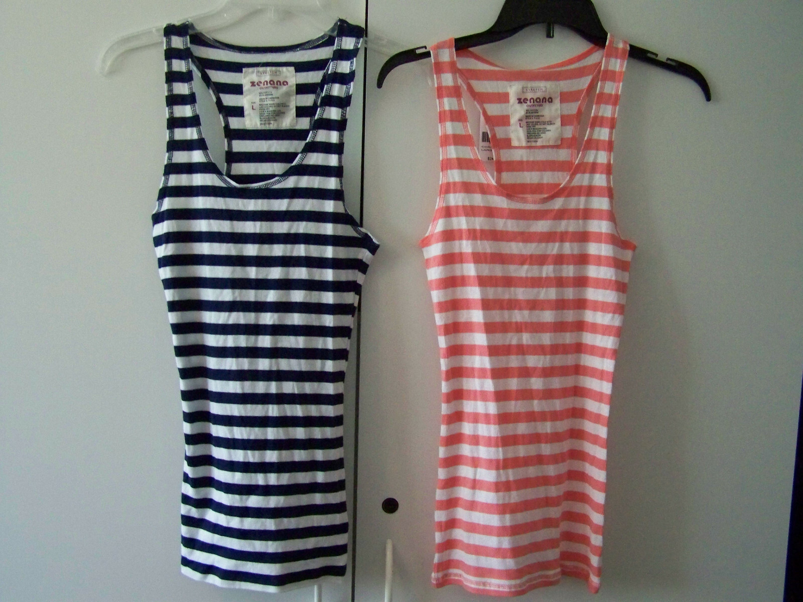 NWT ZENANA OUTFITTERS BLUE/WHITE/CORAL STRIPED STRETCH RACER BACK TANK TOP S M L