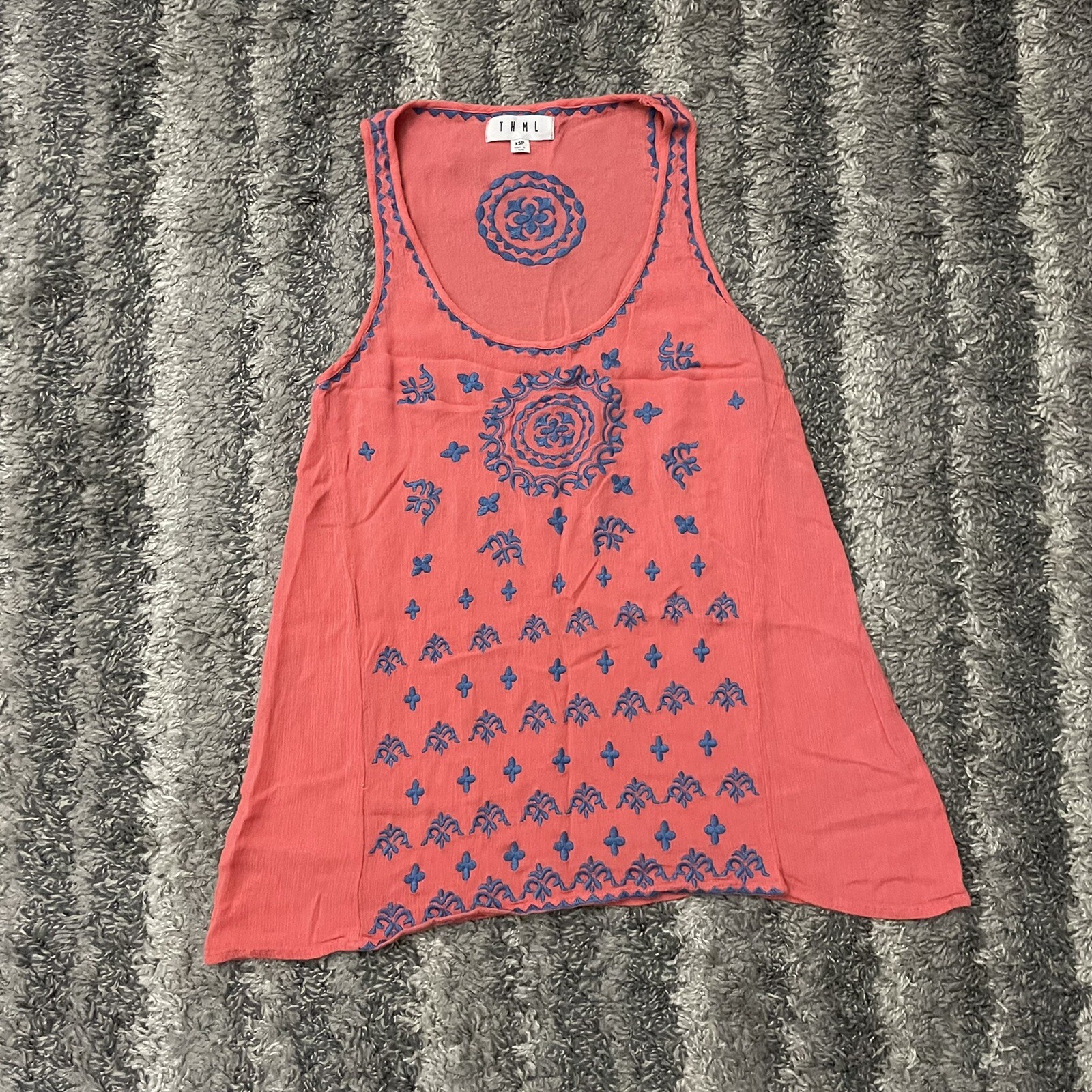 THML Womens Top Pink Blue Size XSP Tank 100% Rayon Embroidered