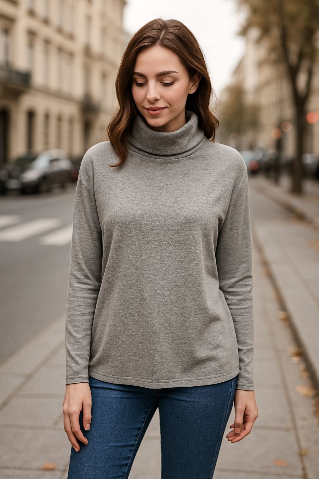 Isela Gray Turtleneck Top L Soft Stretch Knit Minimalist Long Sleeve Lounge Wear