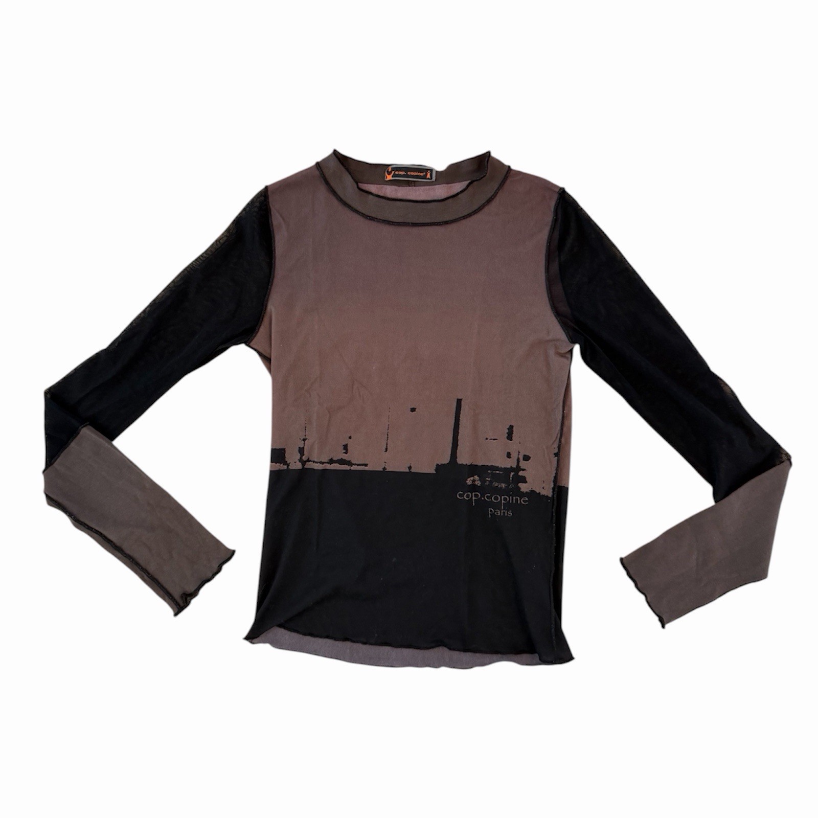 Cop Copine Paris Y2K Mesh Top Industrial Print Taupe Black Long Sleeve S/M