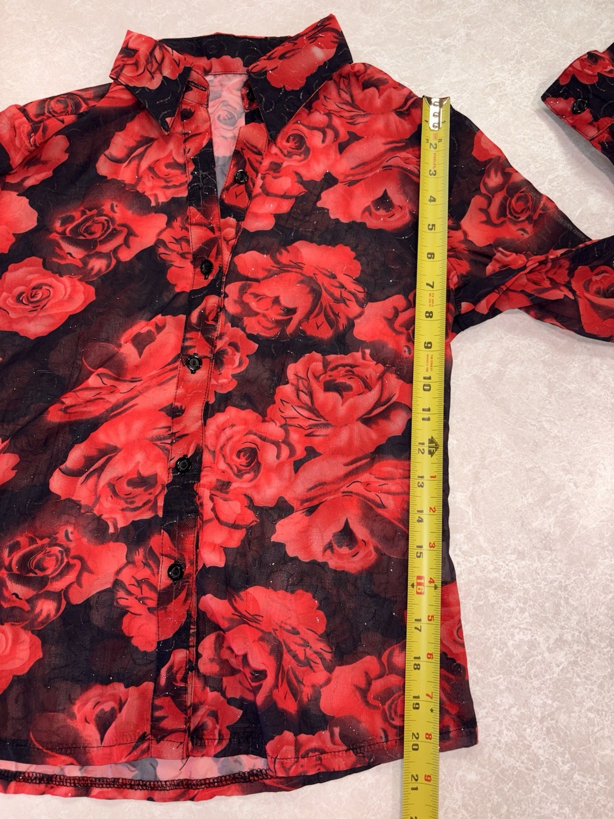 Sexy Gothic Womens S Red Black Floral Sheer Chiffon Collared Button-Up Blouse