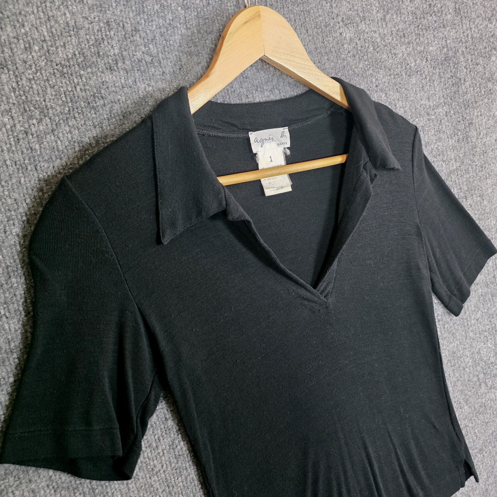 Agnes b Paris Silk Blend Collared Baby Tee Top Black Cropped Minimalist SZ S