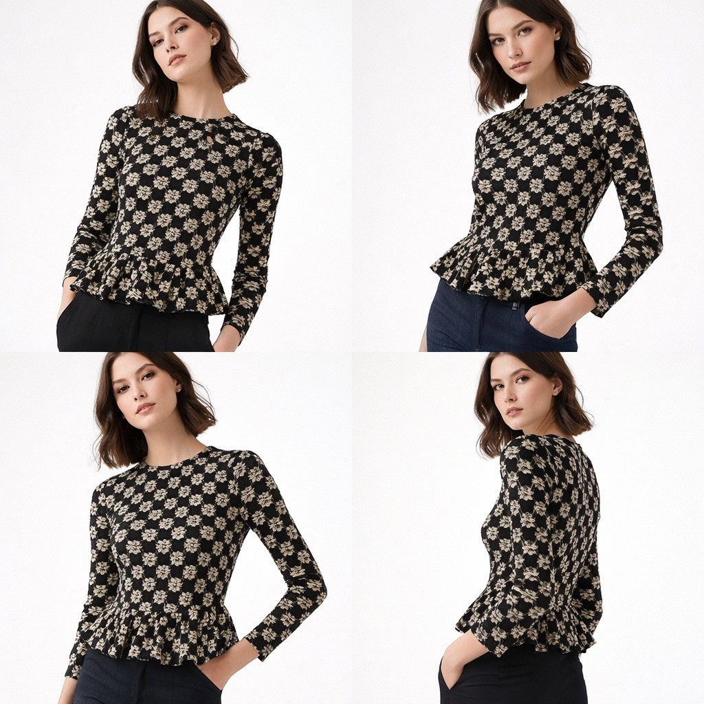 Rebecca Taylor Women Lace Flower Textured Top S Black Floral Peplum Cottagecore