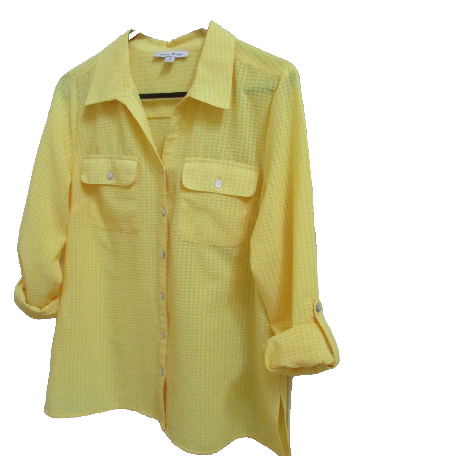 Studio Works bright yellow long roll-tab sleeve button front ltwt shirt M-nwot