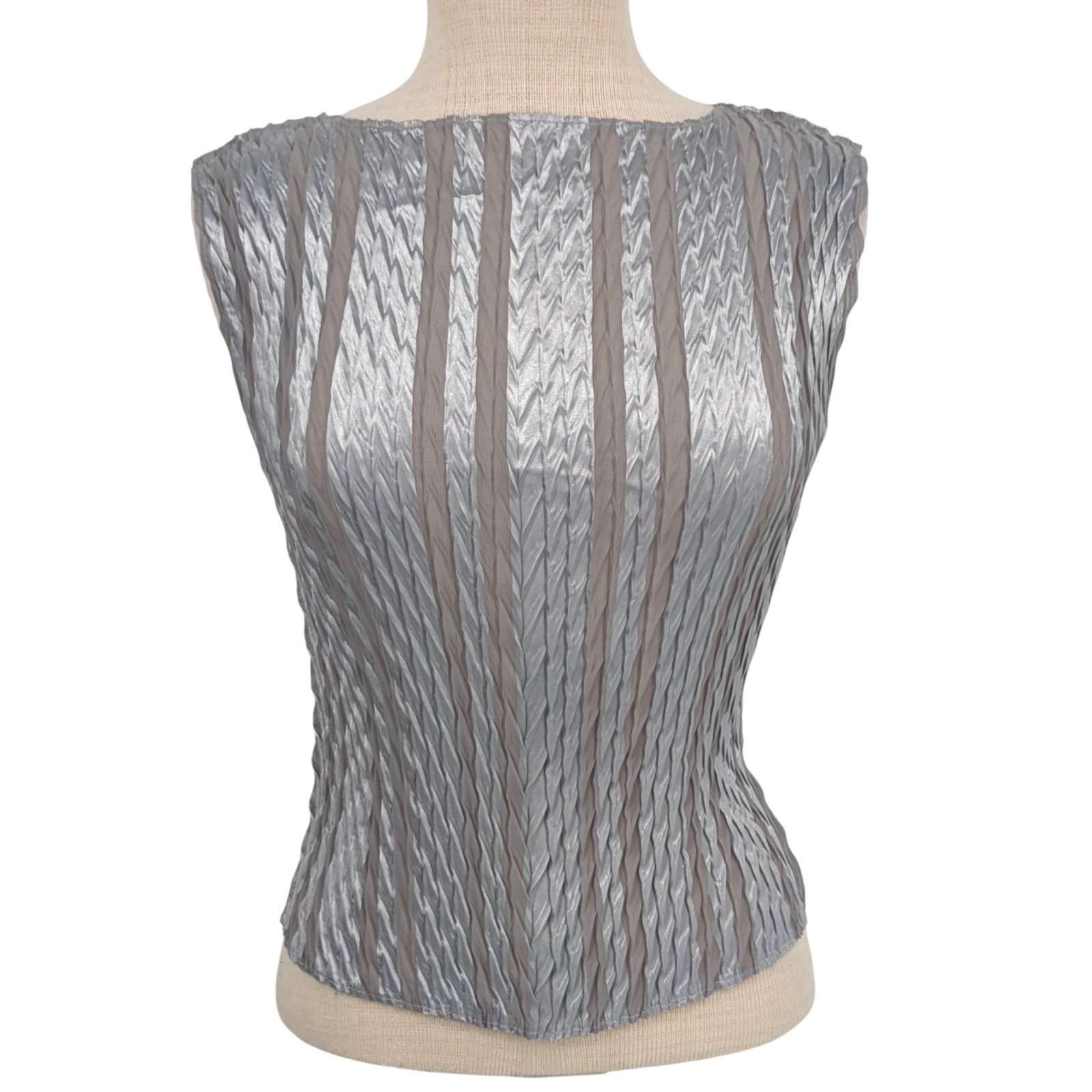 Vintage Silver Metallic Tank Top S Crinkle Satin Sheer Mesh Cyber Y2K Club Glam
