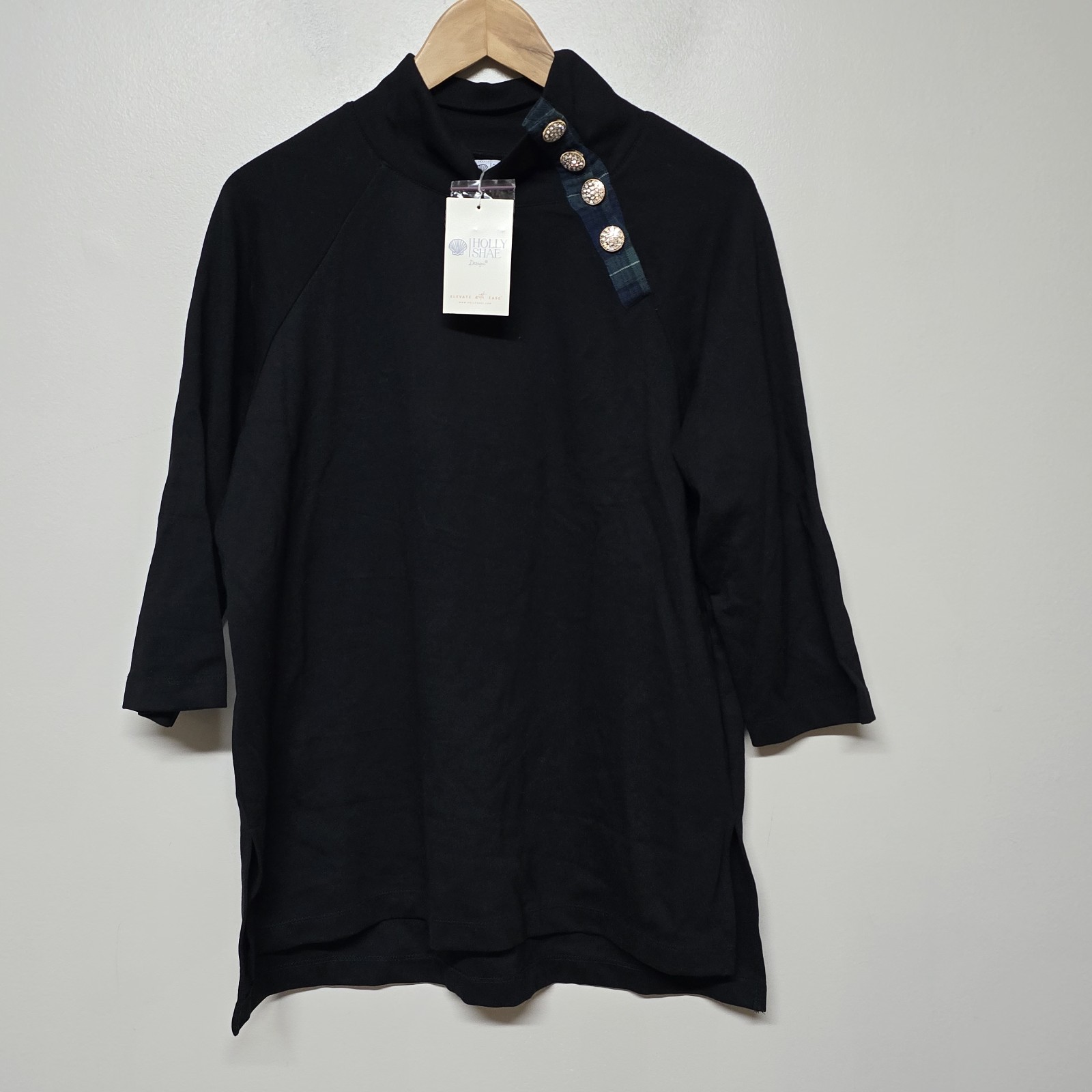 Holly Shae Georgia Black Embellished Tunic Top XS/M Mock Neck Plaid Buttons NWT