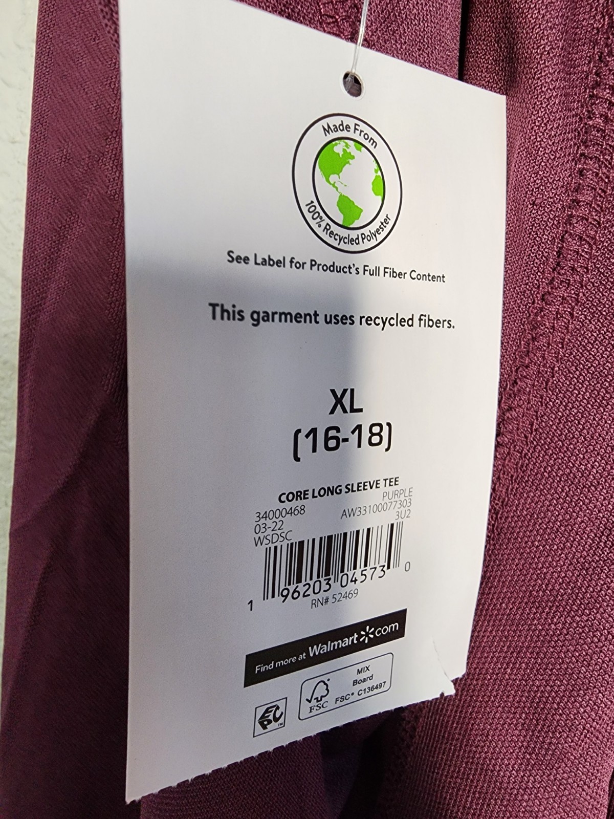 Athletic Works Long Sleeve Core Tee in Purple Size XL New With Tags