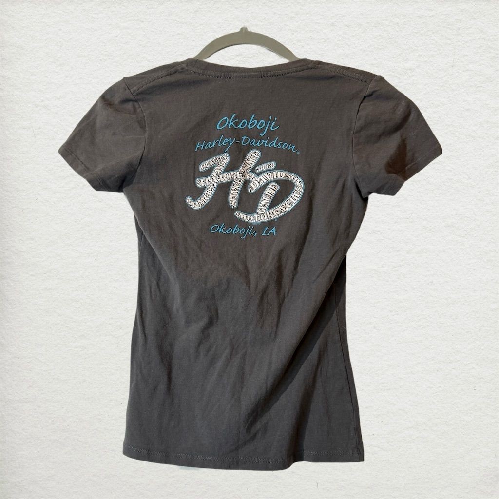 Harley-Davidson Women’s Tee S Sexy Graphic USA Made Okoboji Biker Babe Y2K Moto