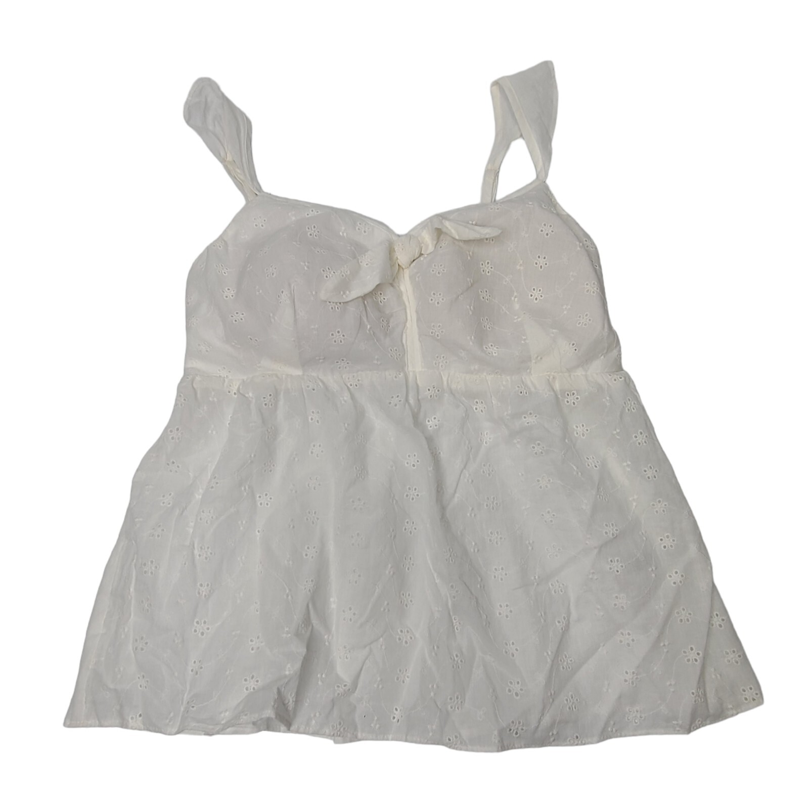 Candie’s Womens SZ L Tie-Front Ruffle Strap White Eyelet Babydoll Top New w Tag