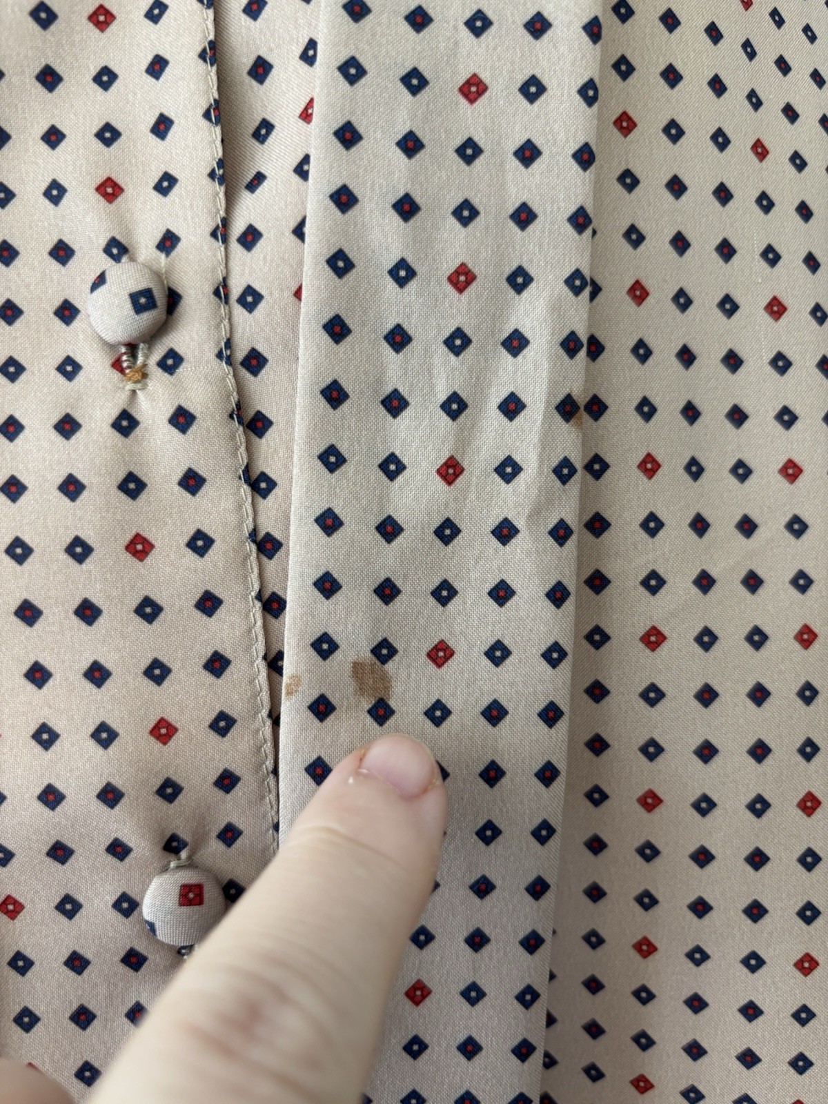 Vintage Robbie Sport Blouse Women Large Tan Blue Red Removable Neck Bow