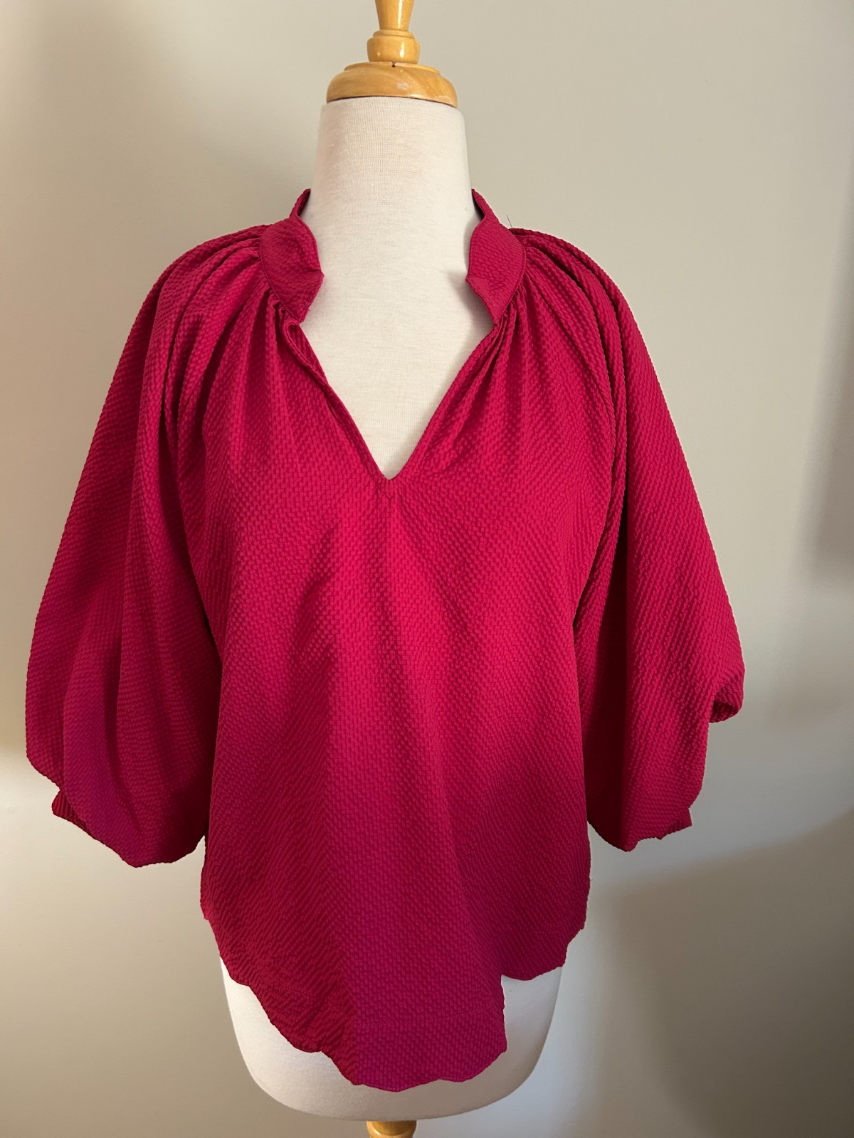 Umgee Berry Split V Neck Top with 3/4 Balloon Sleeves Scalloped Neck and Hem
