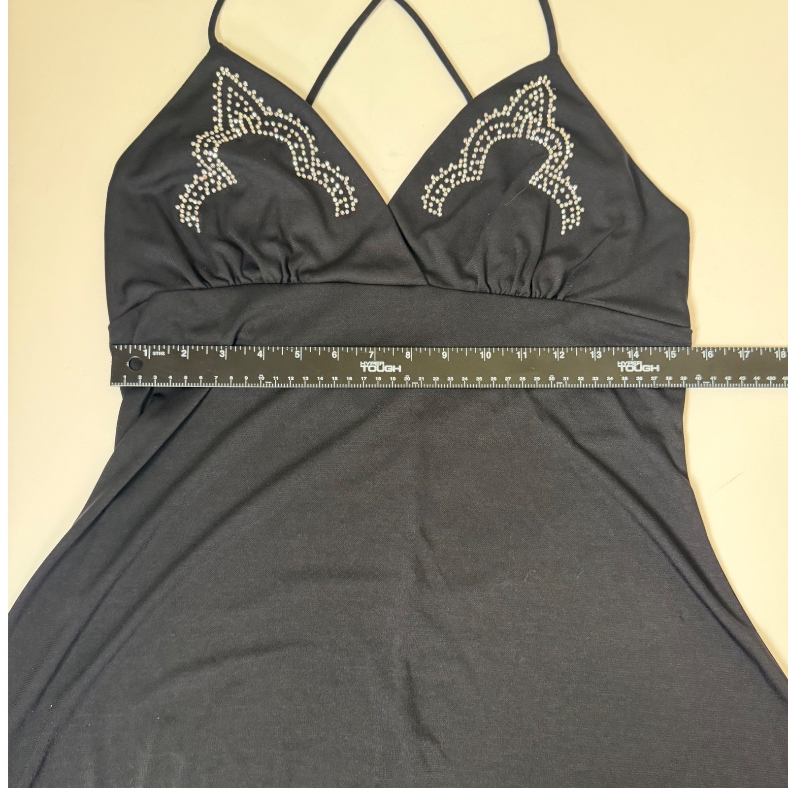 MKM Designs Babydoll Cami Womens Medium Black Excellent Y2K Rhinestone Crossback