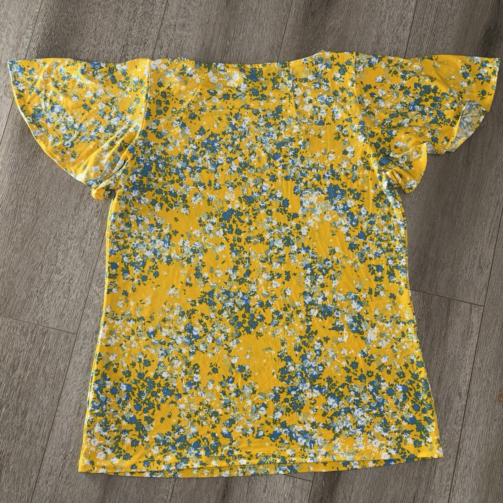 Yellow Ditsy Floral Flutter Sleeve Top Blue White Micro Flower Boho Blouse