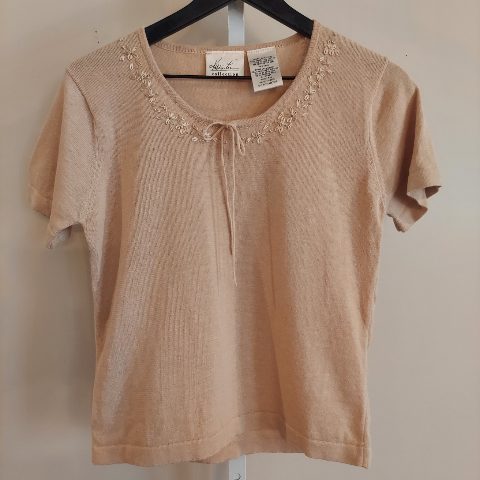 Vtg Kathie Lee Knit TShirt M Embroidered Tie Minimalist Boho Floral Short Sleeve