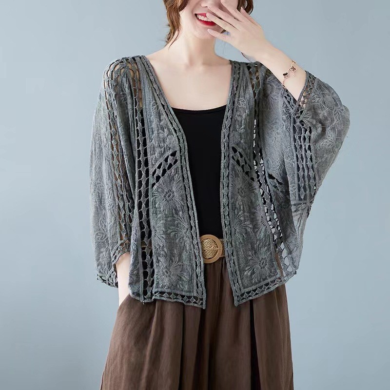 Womens Openwork Lace Cardigan Bat Sleeves Loose Retro Long-Sleeved Shirt Tops