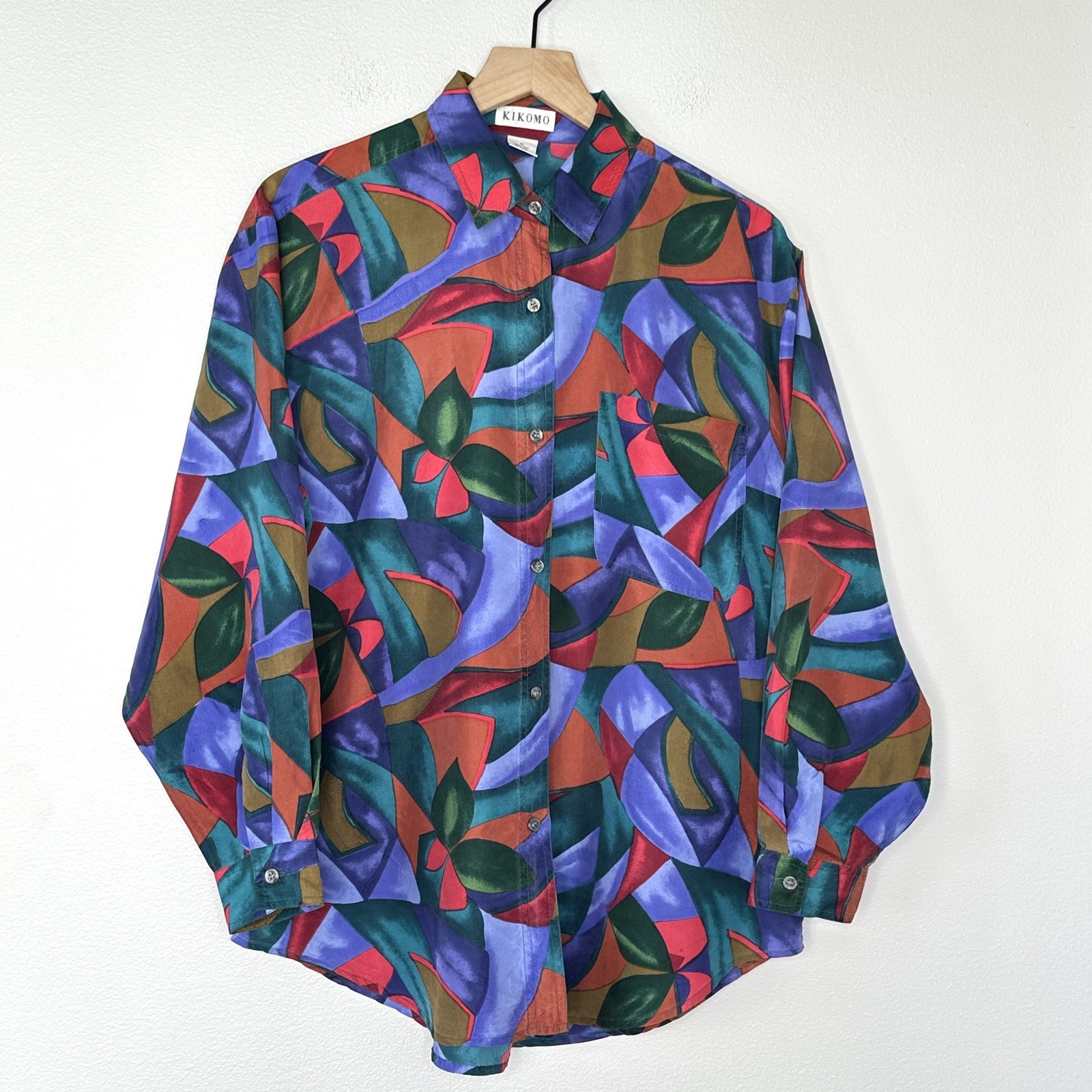 Vintage 80’s 90’s Kikomo Silk 100% Button-Up Blouse Sz M Colorful