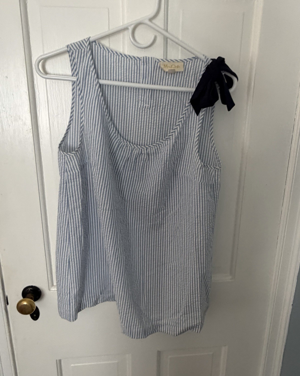 ModCloth Womens S Blue/White Striped Sleeveless Scoop Neck Bow Button Top