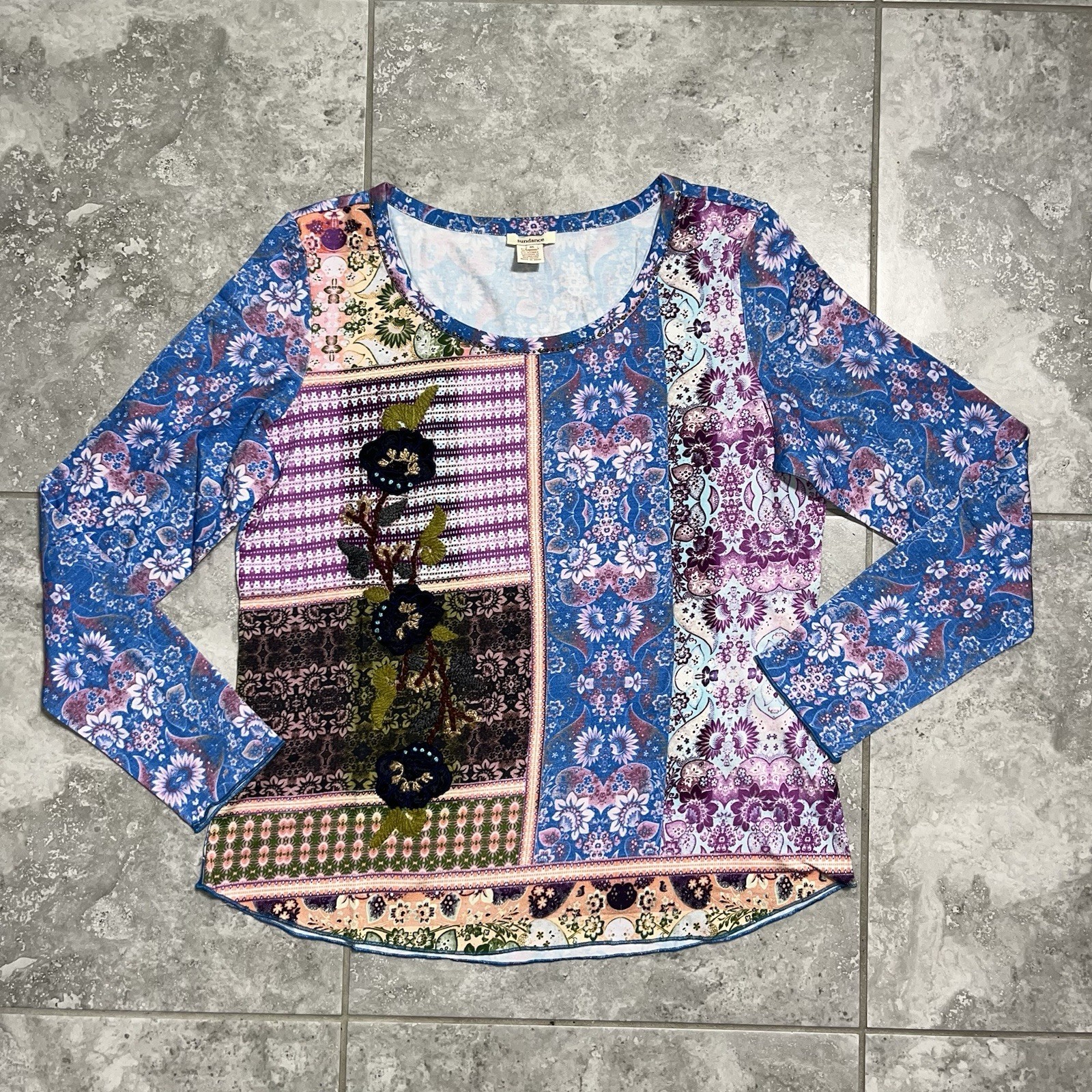 Sundance Poetic Patchwork Beaded Sequin Long Sleeve Floral Pullover Top Boho XL