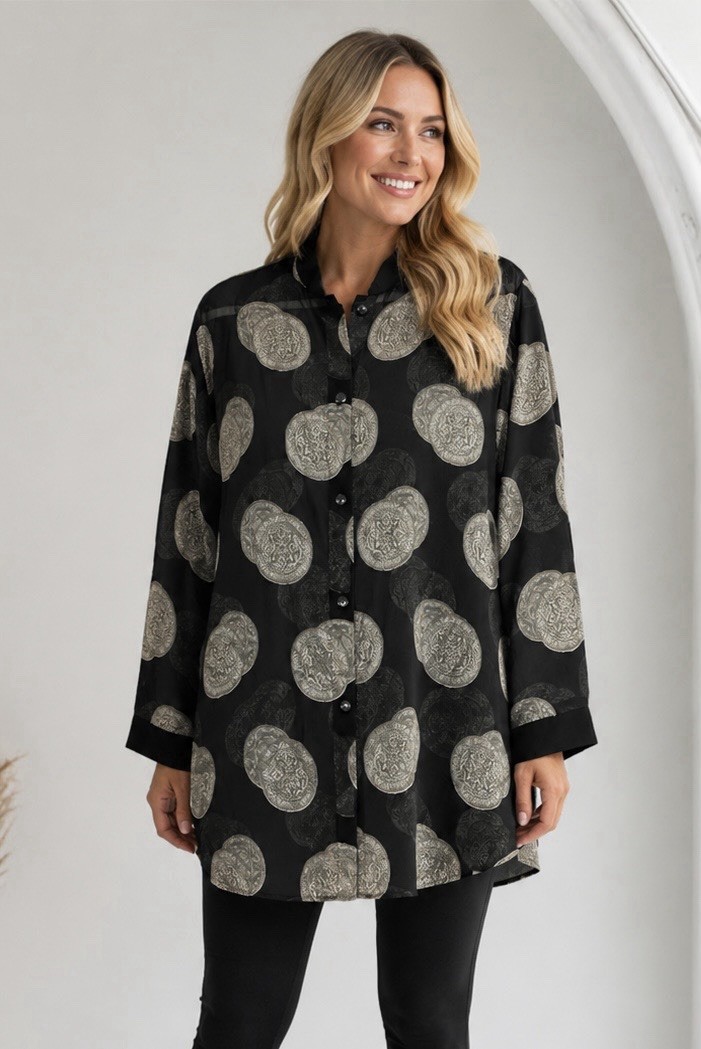 Josie Womens Sheer Textured Print Vintage Tunic Top Size Medium Relaxed