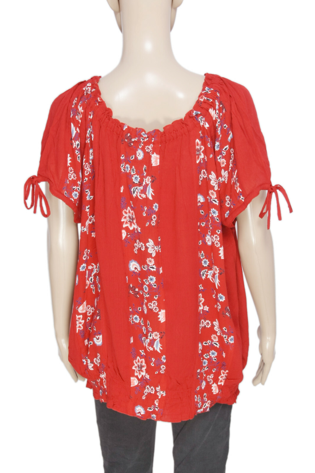 Joe Browns Printed Smocked Tie Red Off Shoulder Peasant Tunic Top New X Large XL
