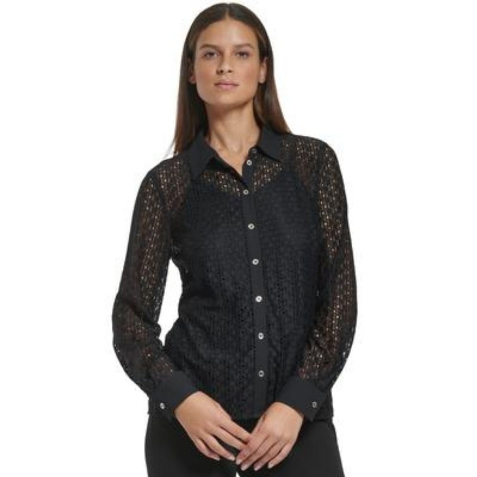Tommy Hilfiger Womens Sheer Lace Button Down-Front Top. Black Medium