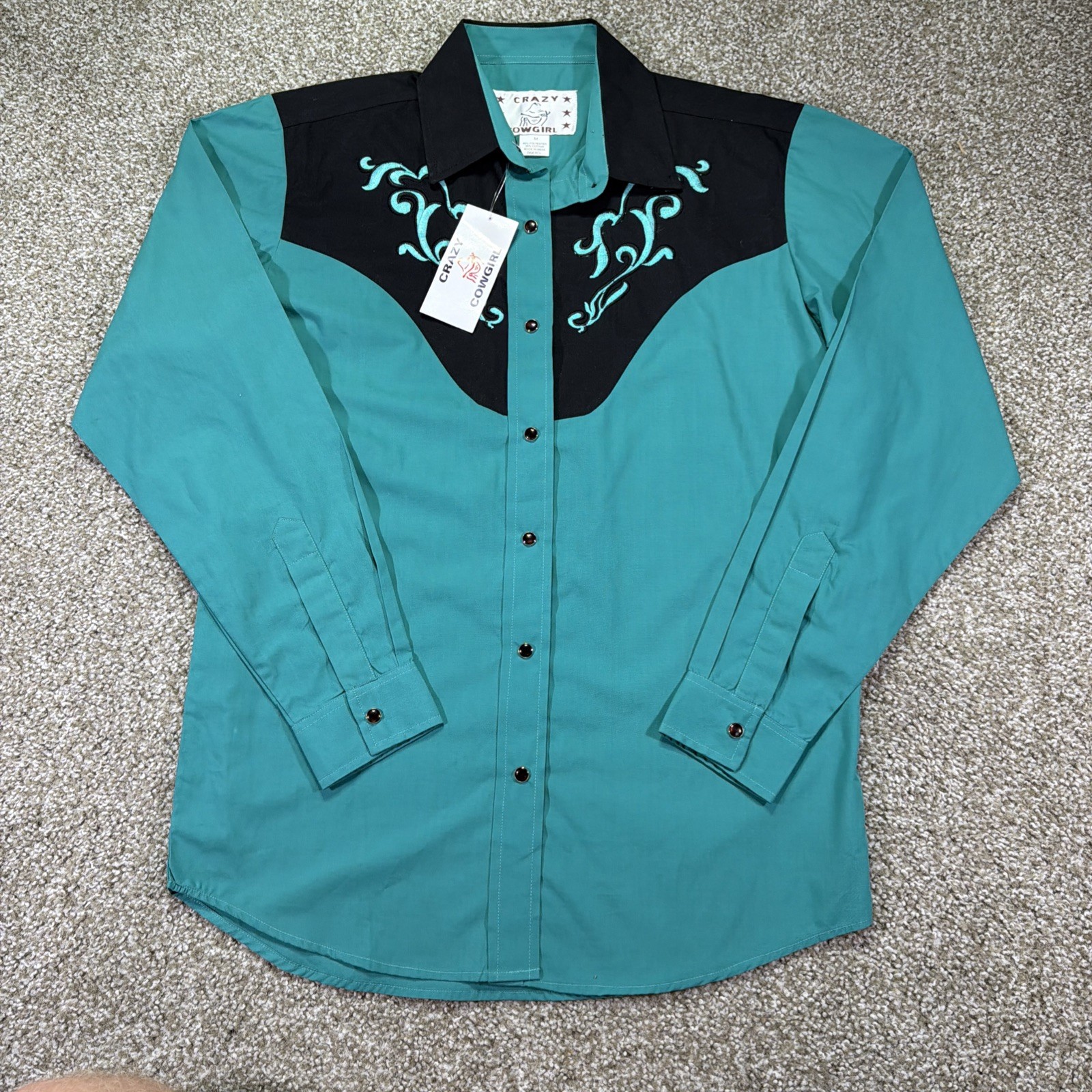 Vtg Crazy Cowgirl Pearl Snap Button Up Shirt New Old Stock Sz M Teal Rockabilly