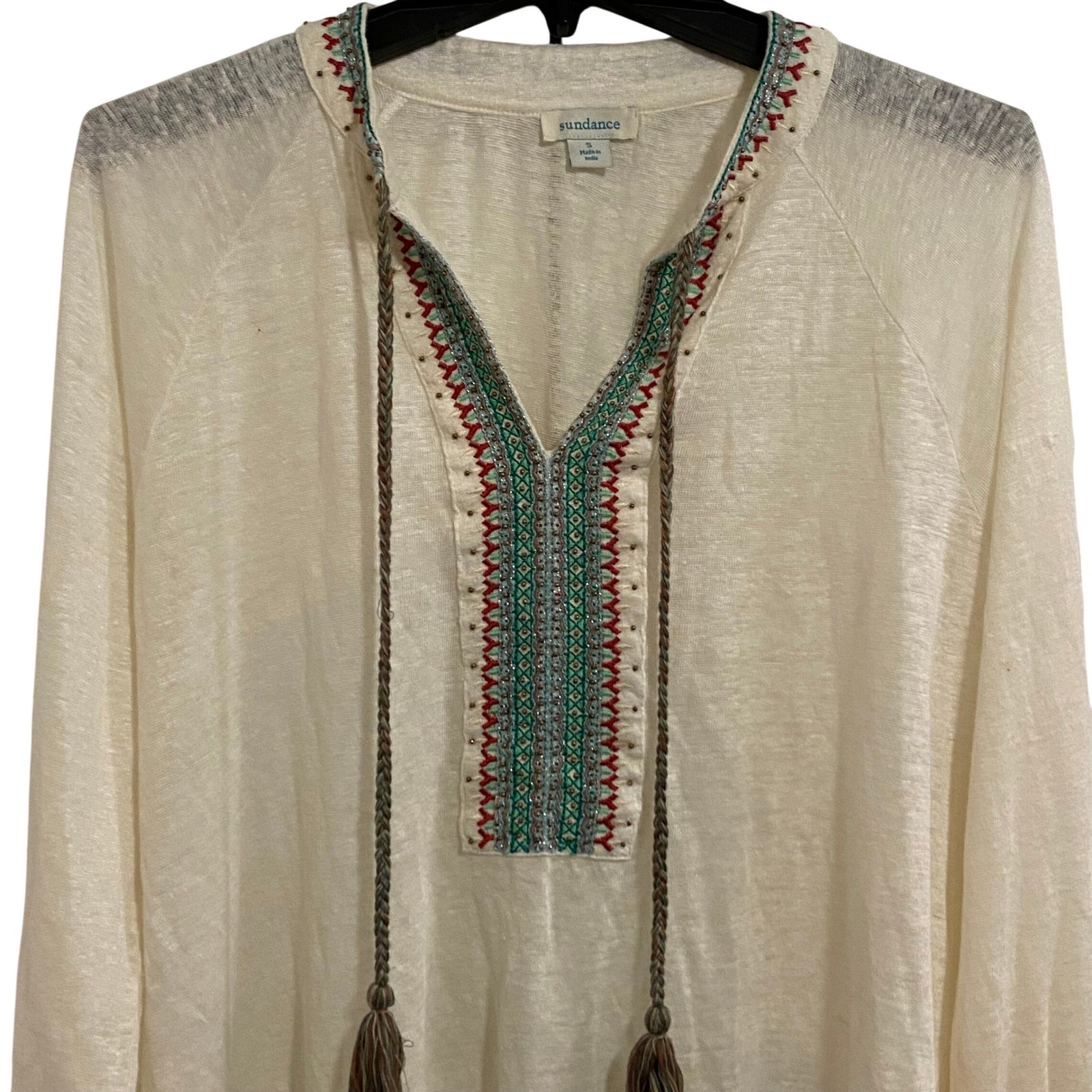 Sundance Embroidered Blouse Womens S Cream Coastal Boho Linen Tassel Top