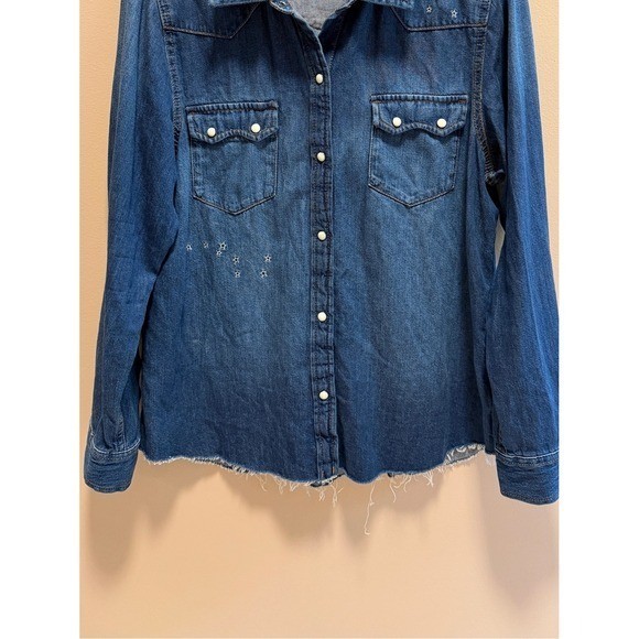Lucky Brand Denim Western Shirt Snap Button Contrast Stitch Star Embroidery Lg