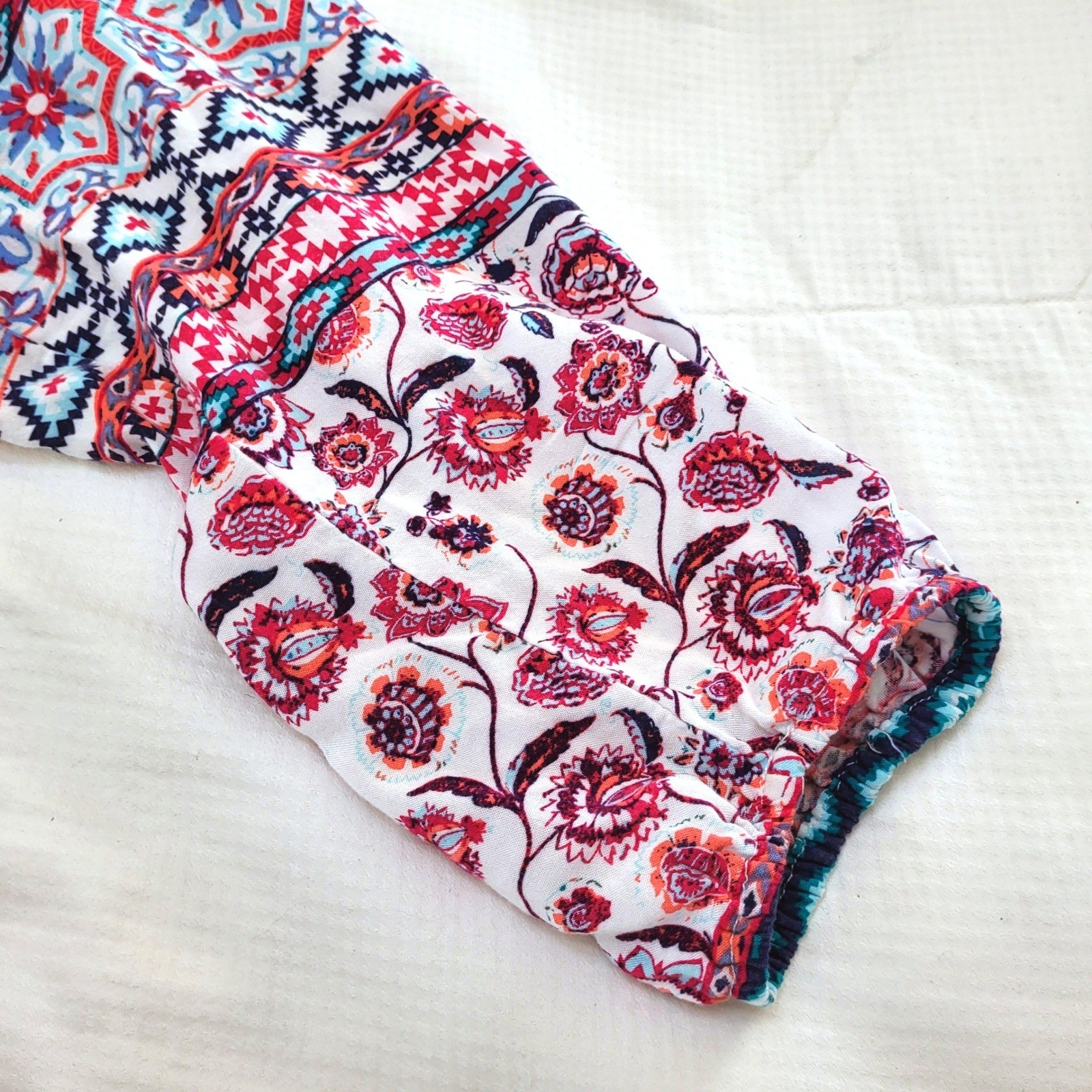 Faded Glory Red White Blue Floral Boho Peasant Tassel Tie Lace Detail Blouse XXL