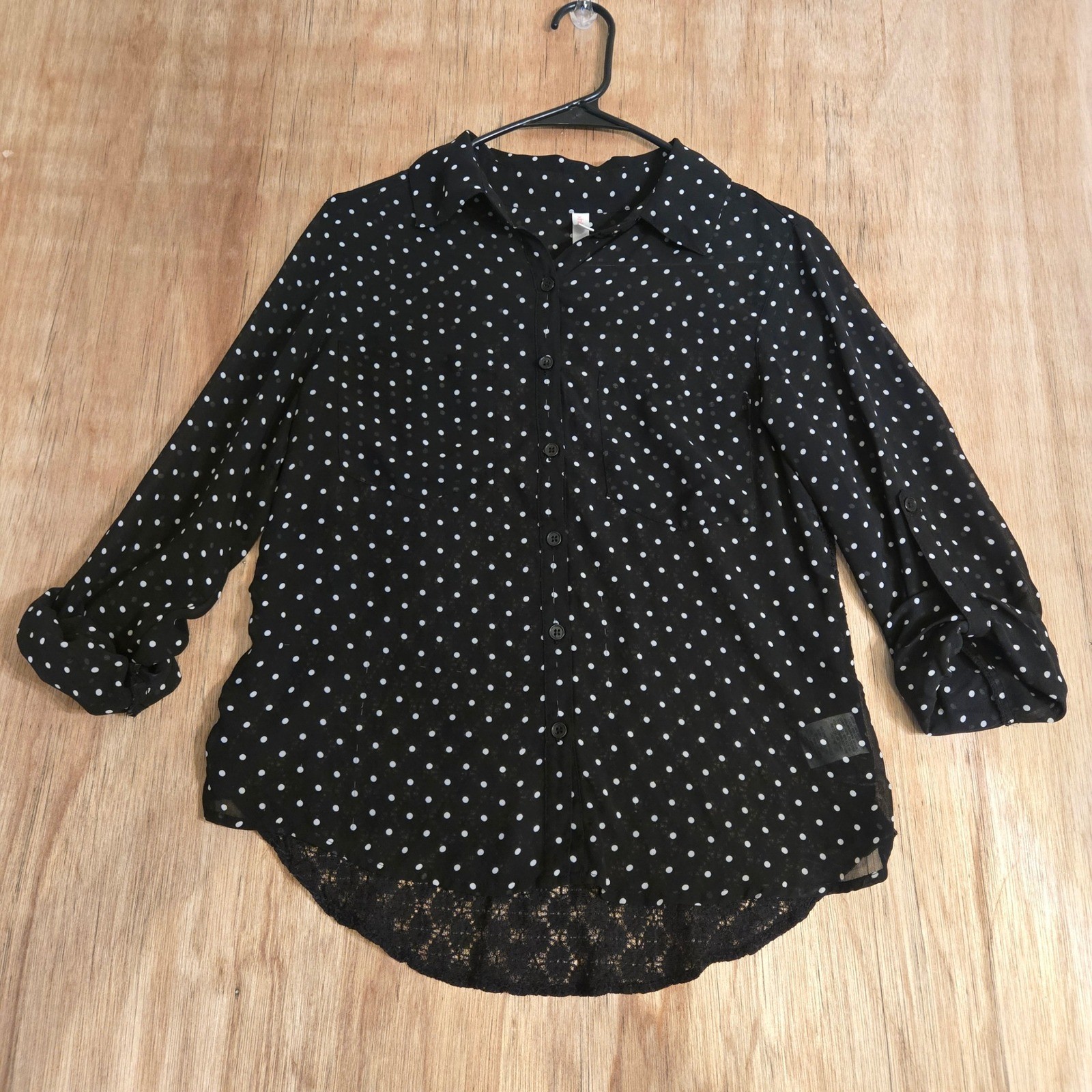 Black Polka Dot Button Down Lace Back Roll Tab Sleeve Blouse Small Whimsigoth