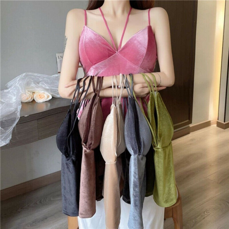 Lady Velvet Halter Camisole Tank Bustier Bra Vest Crop Top Slim Spaghetti Strap