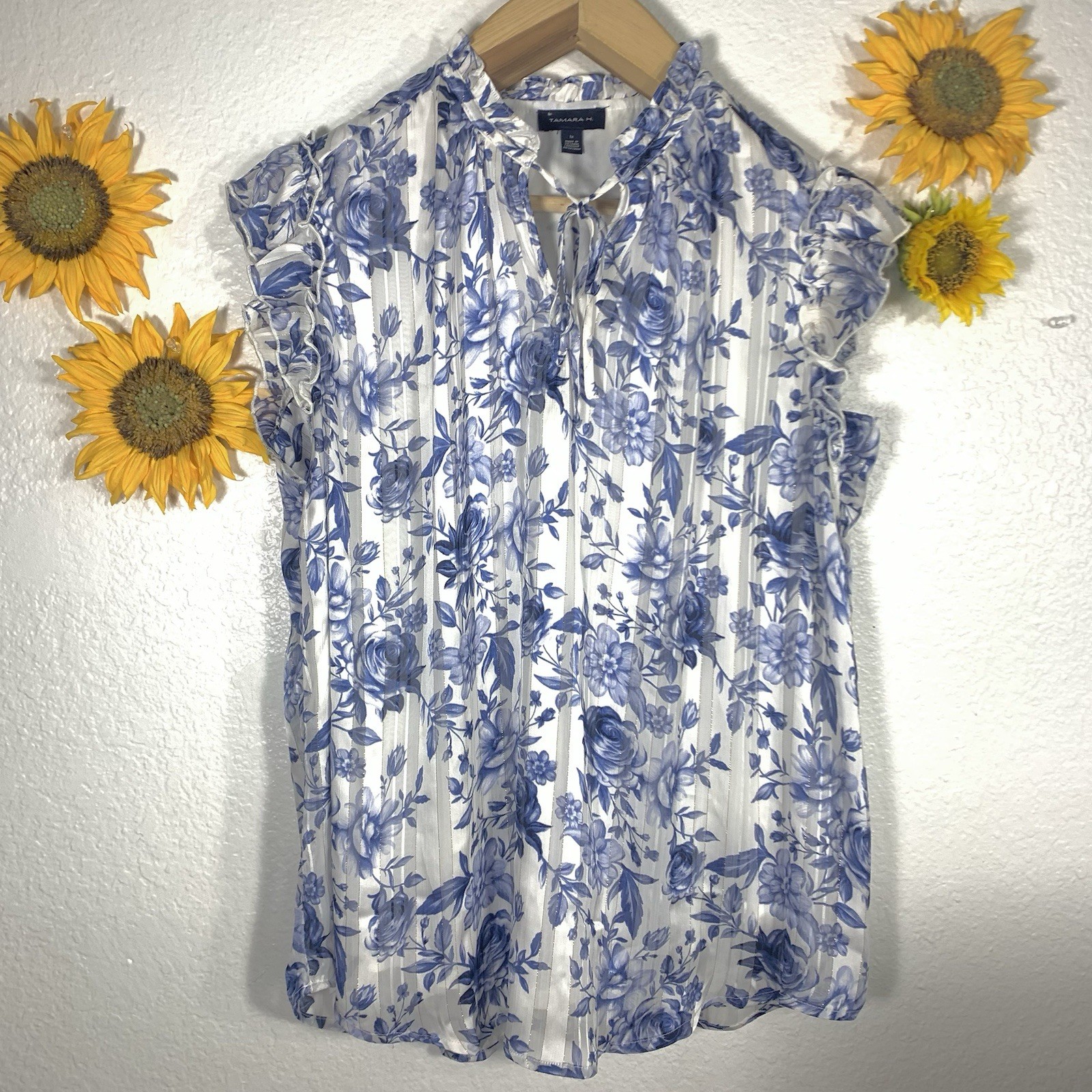 Tamara H. Blue White Gold Floral Ruffle Tassle Blouse Plus Size 1X