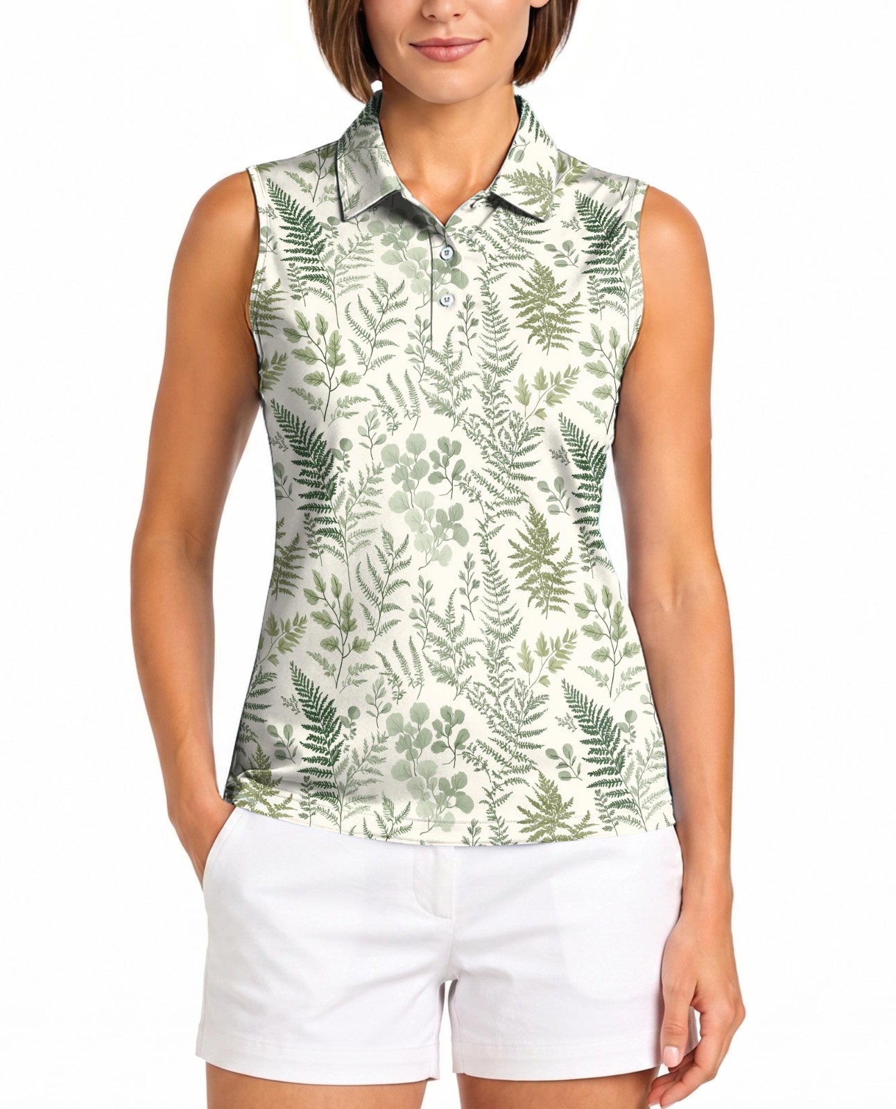 Botanical Fern Women’s Sleeveless Performance Polo Shirt Floral Golf Tennis
