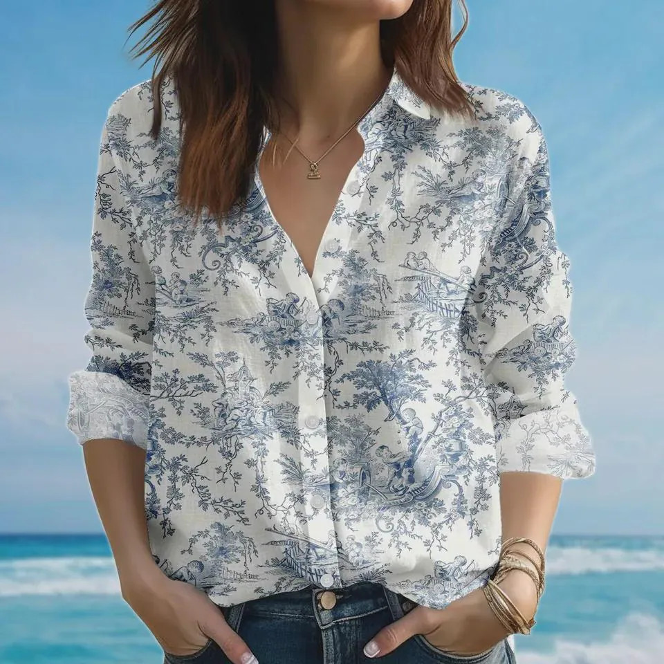 Classic Blue White French Toile Print Shirt Vintage Cottagecore Gift for Women