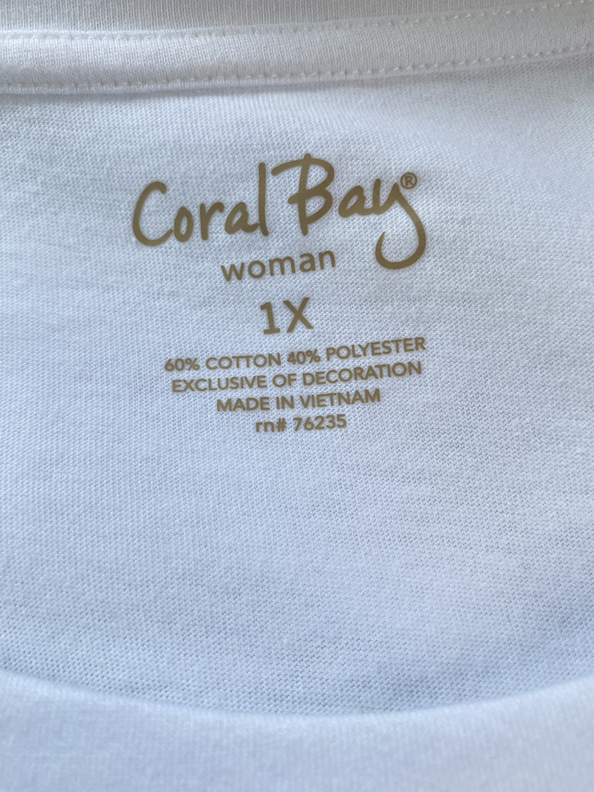 Coral Bay Womens 1X White Short Sleeve Tee With Embroidered Colorful Palm Trees
