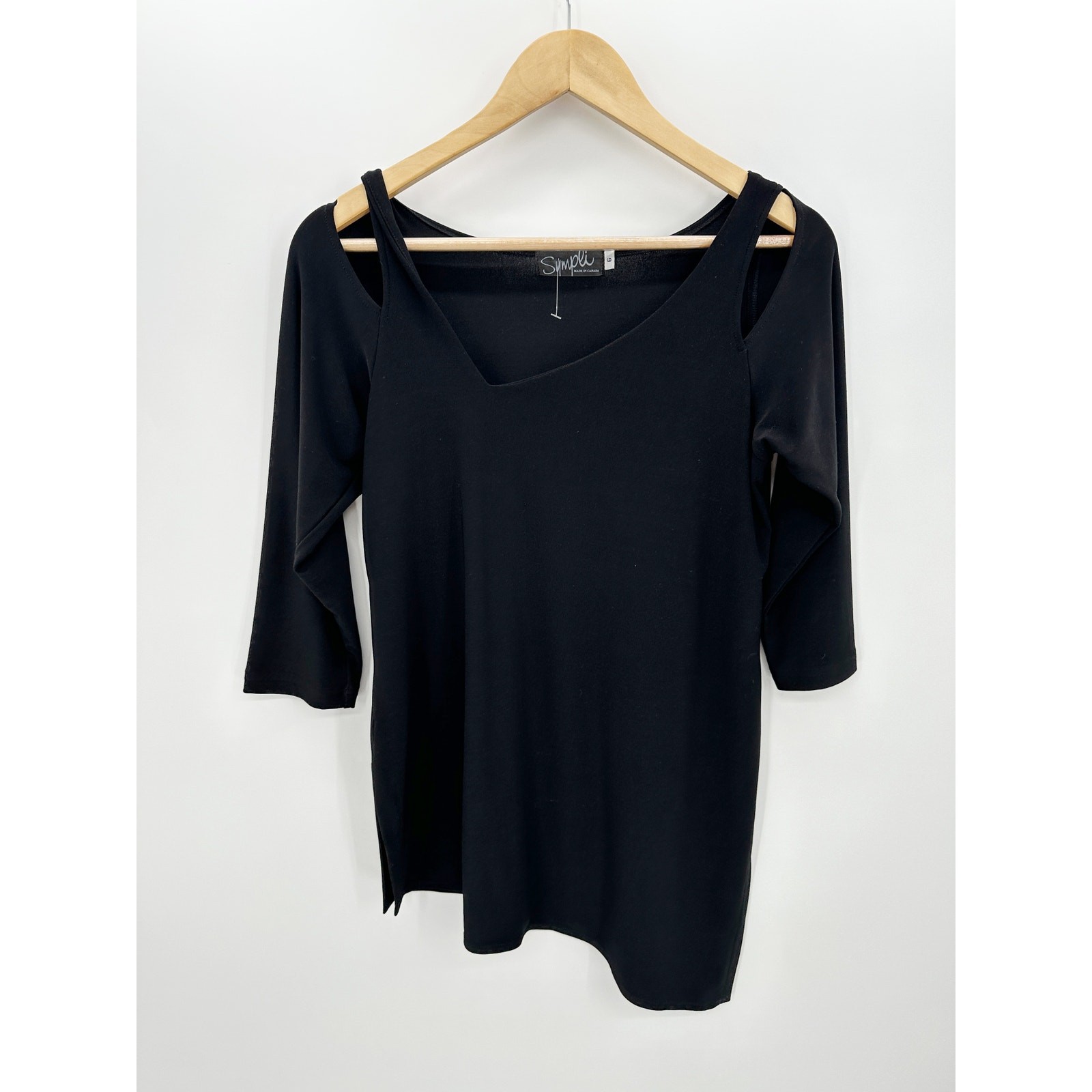 Sympli Women Size 6 Black Cut Out Asymmetrical Blouse Top 3/4 Sleeve Stretch