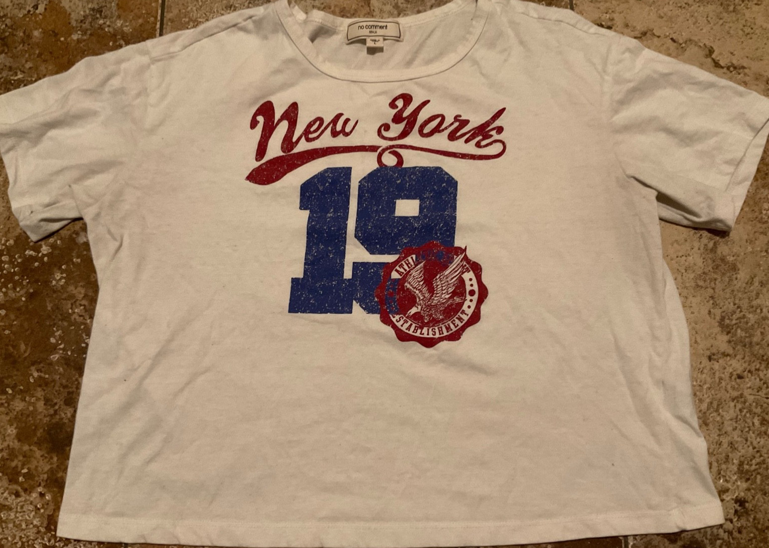 NO COMMENT NY + LA GRAPHIC BOXY T-SHIRT ( WOMENS L ) WHITE PREOWNED