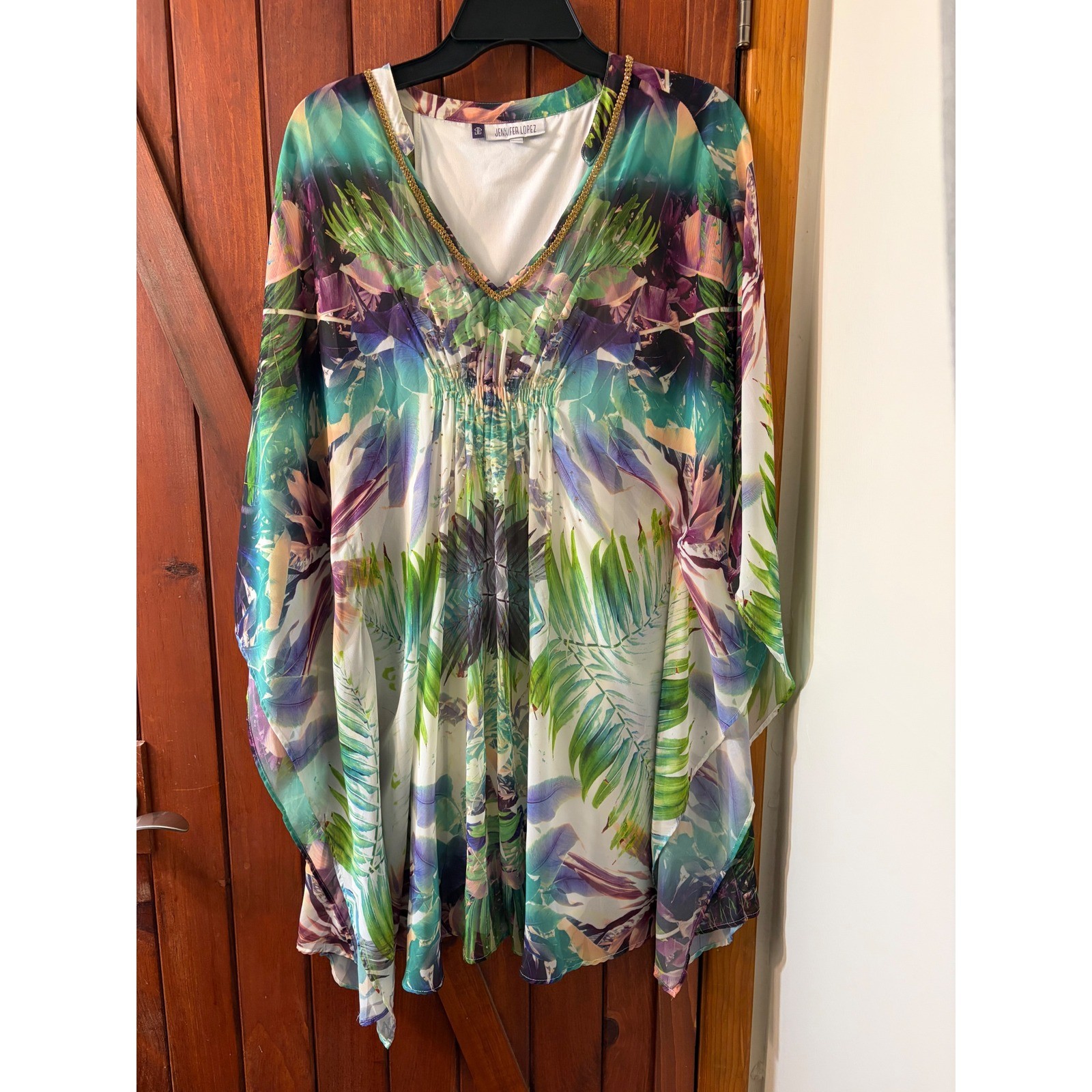 Jennifer Lopez Tropical Floral Kaftan Tunic Top Green Purple Gold Chain V-Neck S