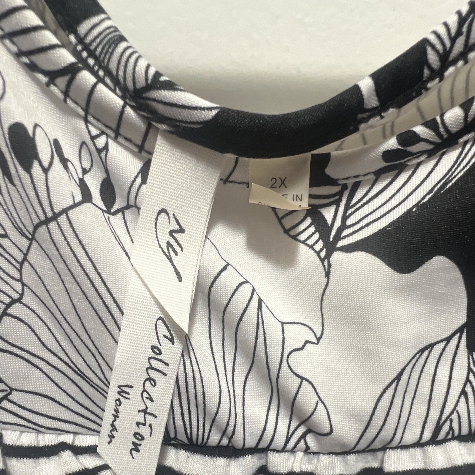 NY Collection 2XL Black/White Floral Scoop Neck Short Sleeve Ruffle Blouse