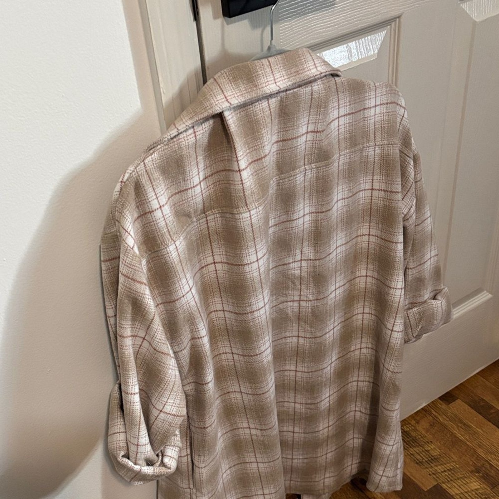 Polagram Plaid Button Up Neutral Oversized Shacket L Comfy Granola Cabincore