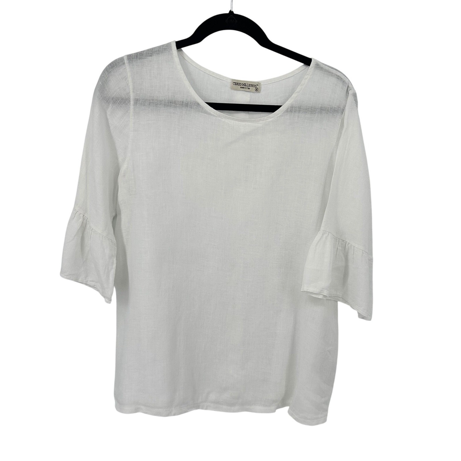 Terzo Millennio White 100% Linen Ruffle Bell Sleeve Blouse Top Made in Italy M