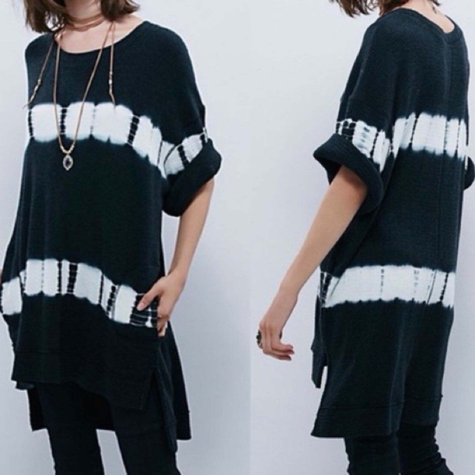 Free People We The Free Tie Dye Charcoal Grey Canyon Thermal Top Tunic Women
