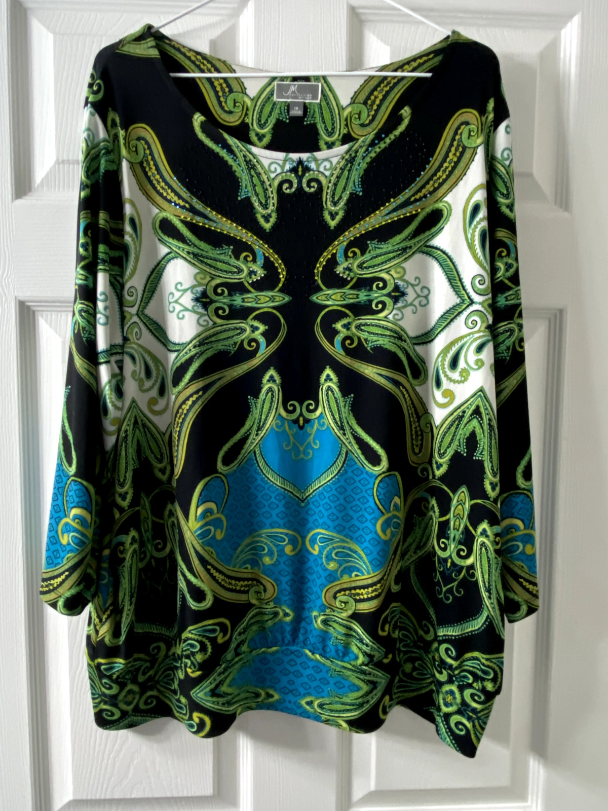 JM Collection Womens Top 1X Multicolor Black Green Teal Embellished