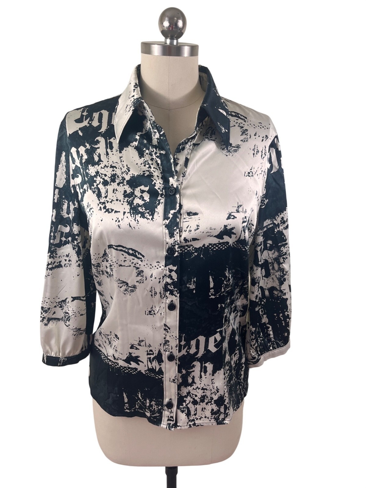 Betty Barclay Y2K Newspaper Print Button Down Shirt Womens 36 Maximalist Glam